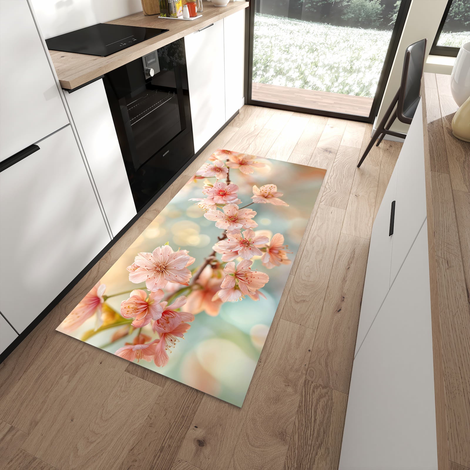 Feuchtigkeitsresistenter Teppichläufer mit Motiv Kirschblütenzauber in moderner Küche
