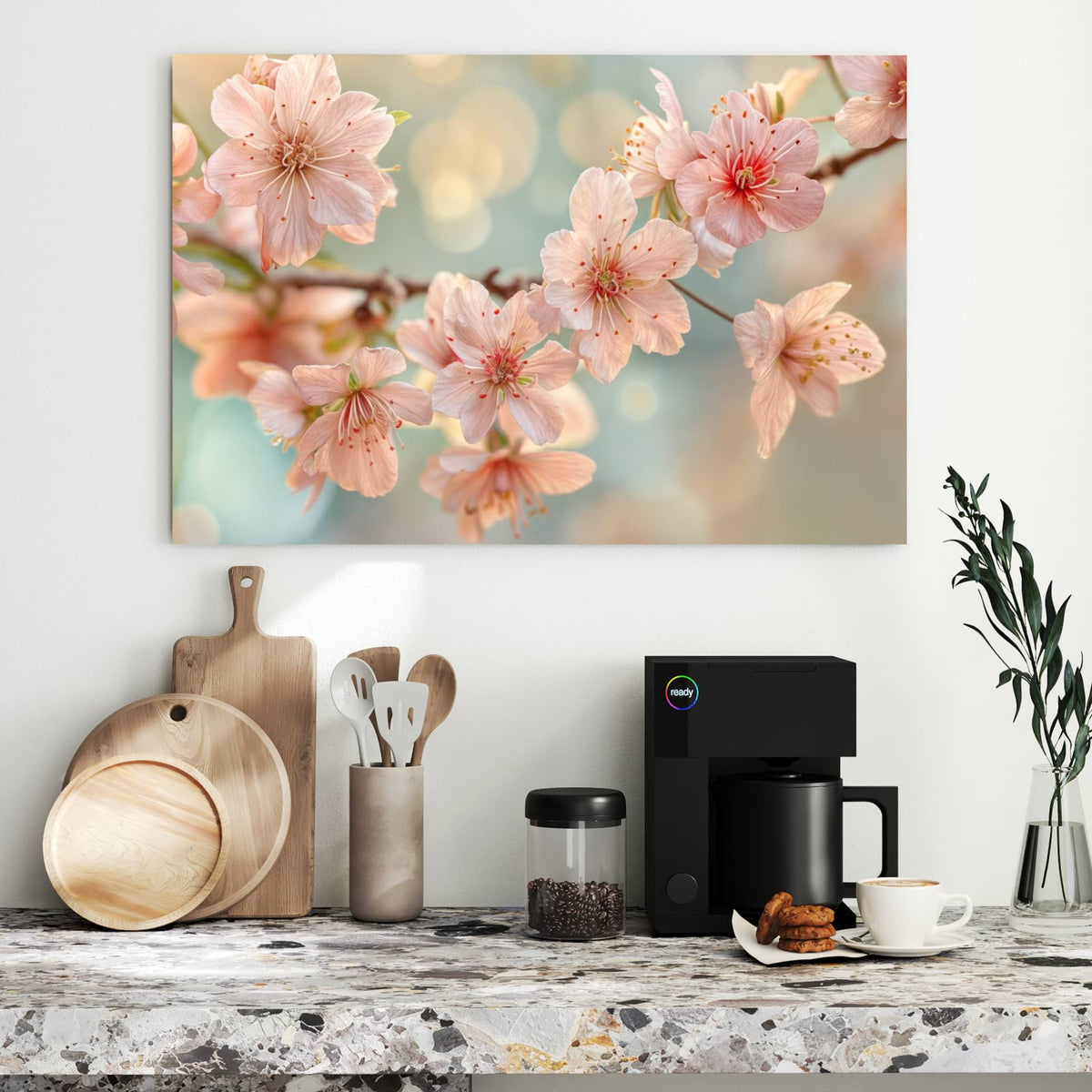 Metall Magnettafel - Kirschzweig in Blüte – Kirschblüten vor goldgrünem Bokeh