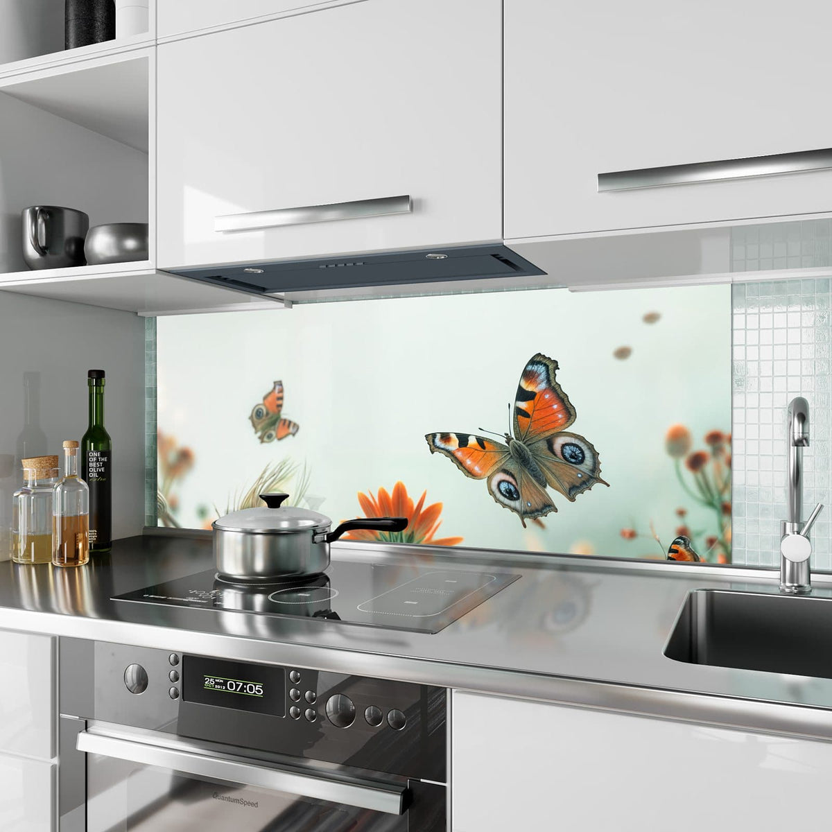 Küchenrückwand aus Glas Falter und Gerbera im Hochformat als Spritzschutz hinter dem Kochfeld, über dem Fliesenspiegel montiert