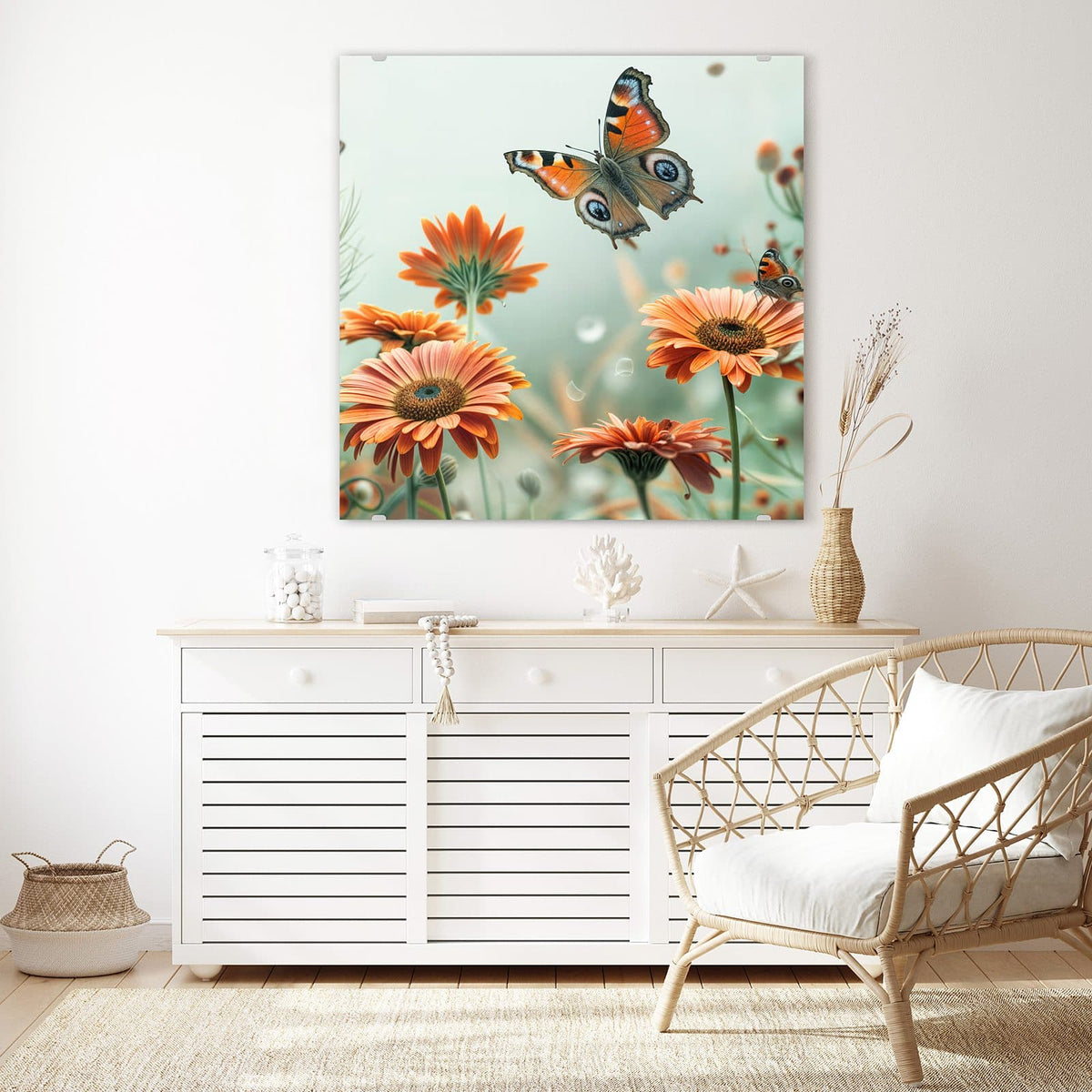Glasbild Falter und Gerbera an der Wand – Orange Gerberablüten mit einem großen Tagpfauenauge im Flug, ein zweiter Falter rechts