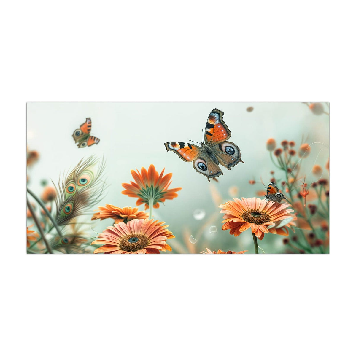 Küchenrückwand aus Glas Falter und Gerbera im Hochformat, Motiv bildfüllend von vorn