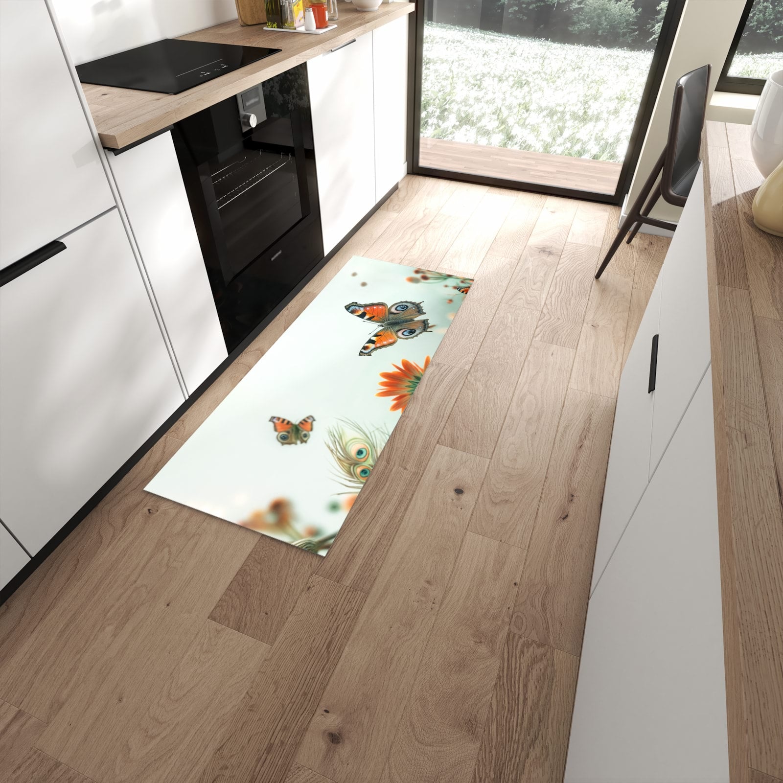 Formstabiler rutschfester Küchenläufer mit Motiv Schmetterling Wiese in moderner Küche #grösse_60 x 150 cm