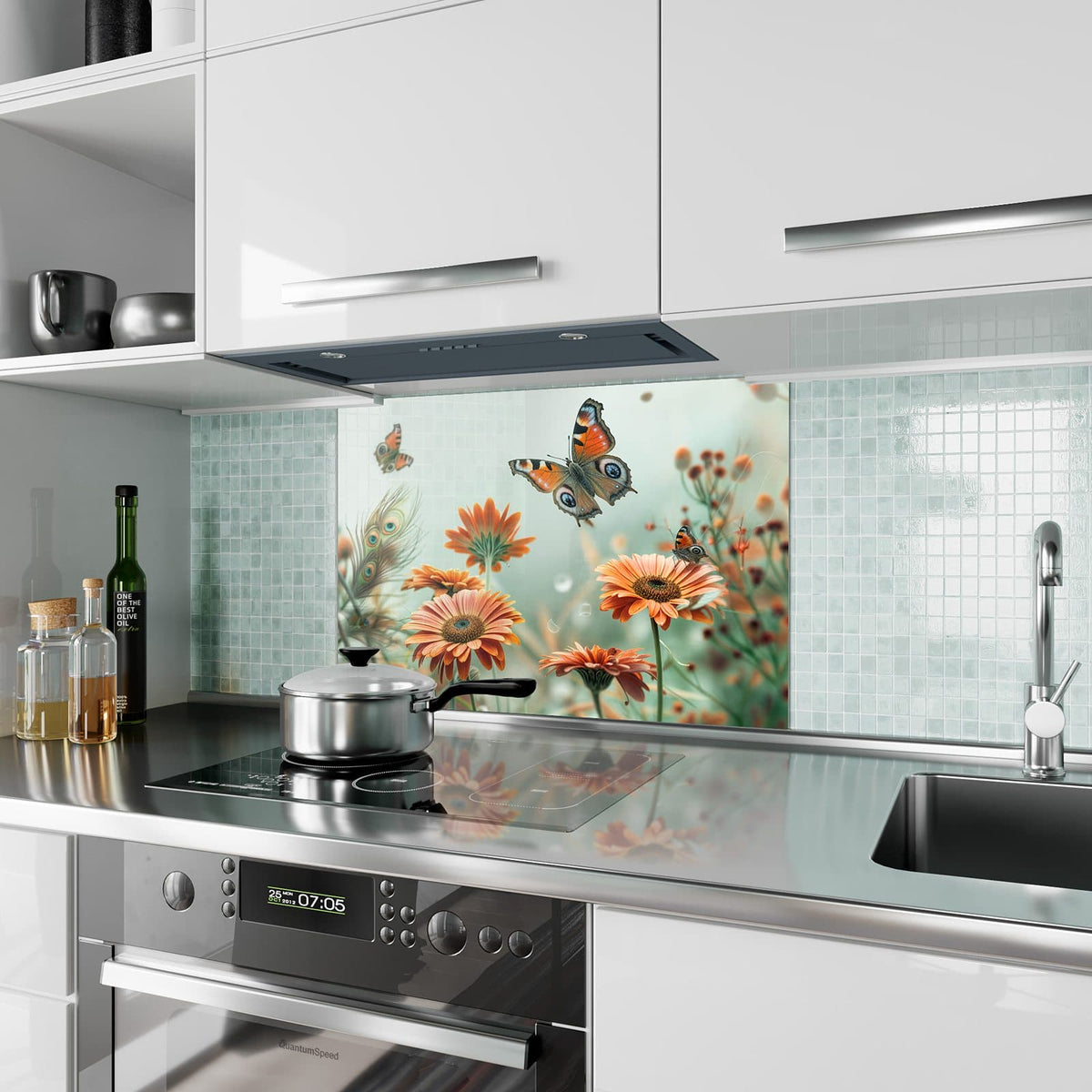 Küchenrückwand aus Glas Falter und Gerbera im Hochformat als Spritzschutz hinter dem Kochfeld, über dem Fliesenspiegel montiert