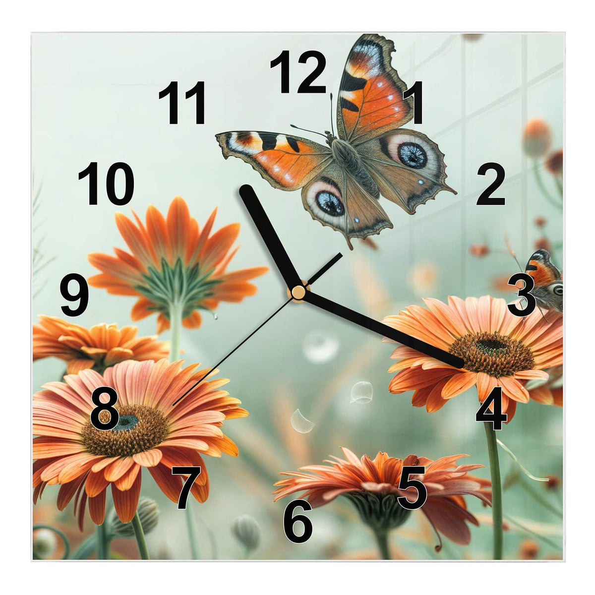 Wanduhr aus Glas, Ziffernblatt Modern: Orange Gerberablüten mit einem großen Tagpfauenauge im Flug, ein zweiter Falter rechts #ziffernblatt_Modern