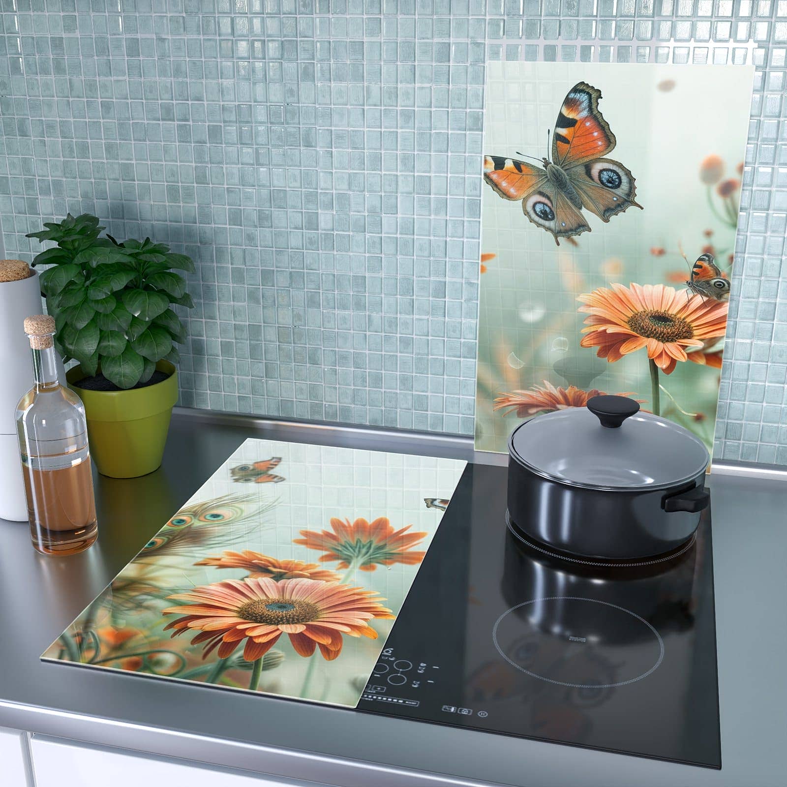 2-teilige Herdabdeckung mit Schmetterling Wiese-Motiv als Spritzschutz hinter dem Kochfeld
