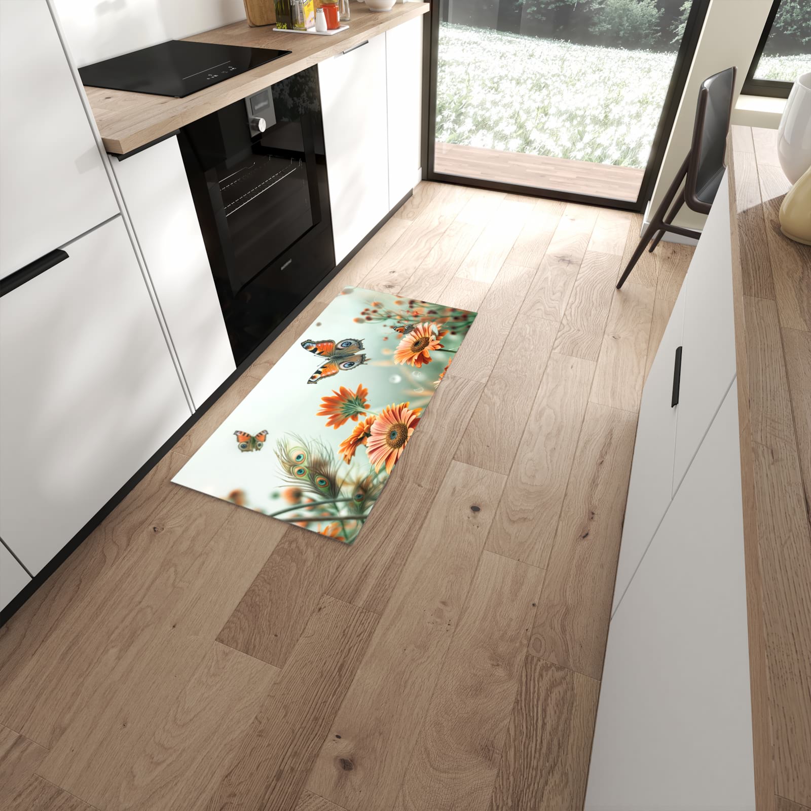 Farbbeständiger waschbarer Küchenläufer mit Motiv Schmetterling Wiese in moderner Küche #grösse_60 x 120 cm