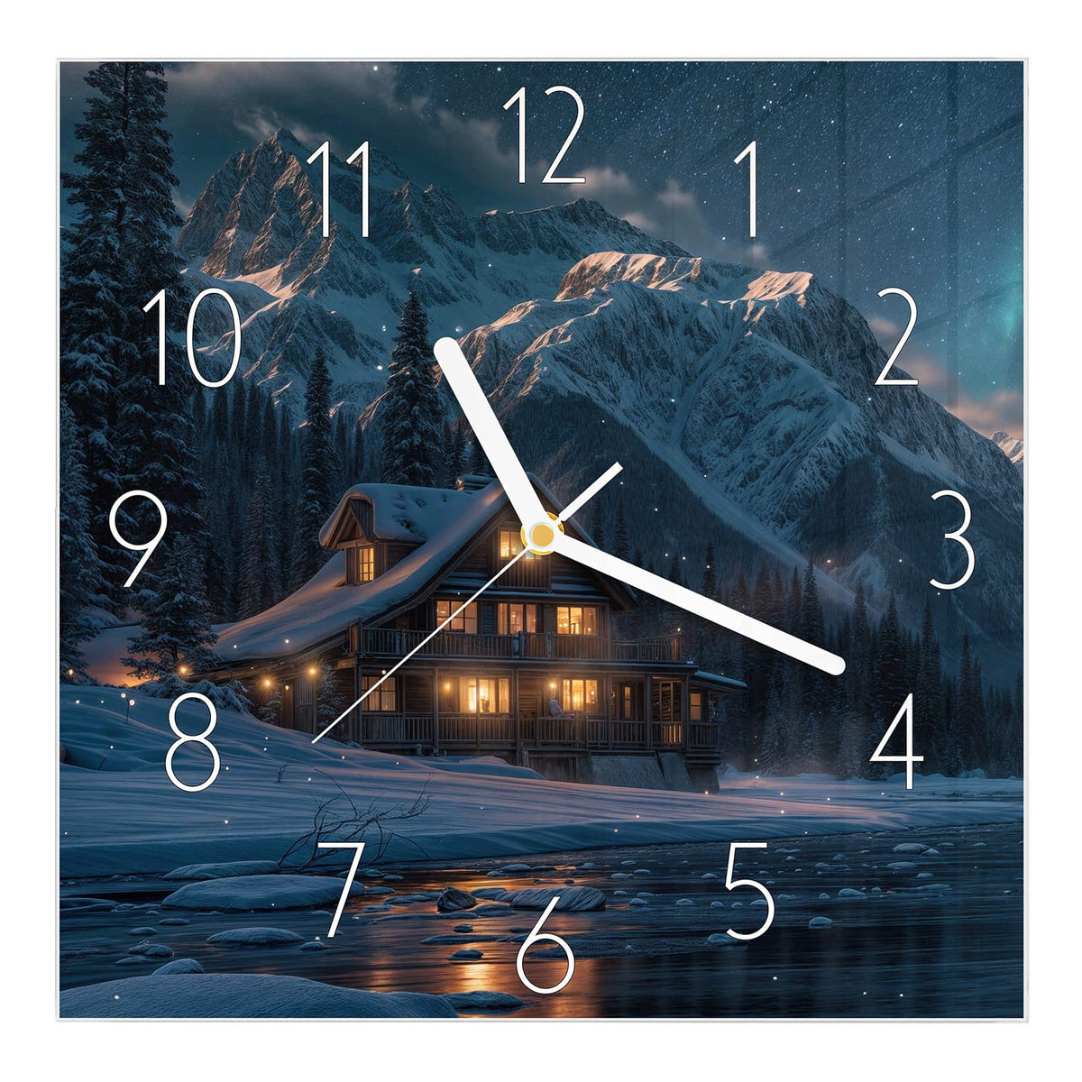 Wanduhr aus Glas, Ziffernblatt Elegant mit Motiv Berghütte im Winter: Erleuchtetes Holzhaus im Schnee vor Bergkette und Sternenhimmel #ziffernblatt_Elegant