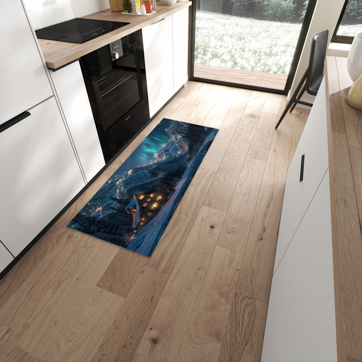 Rutschfester Küchenteppich mit Motiv Berghütte im Winter in moderner Küche #grösse_60 x 150 cm