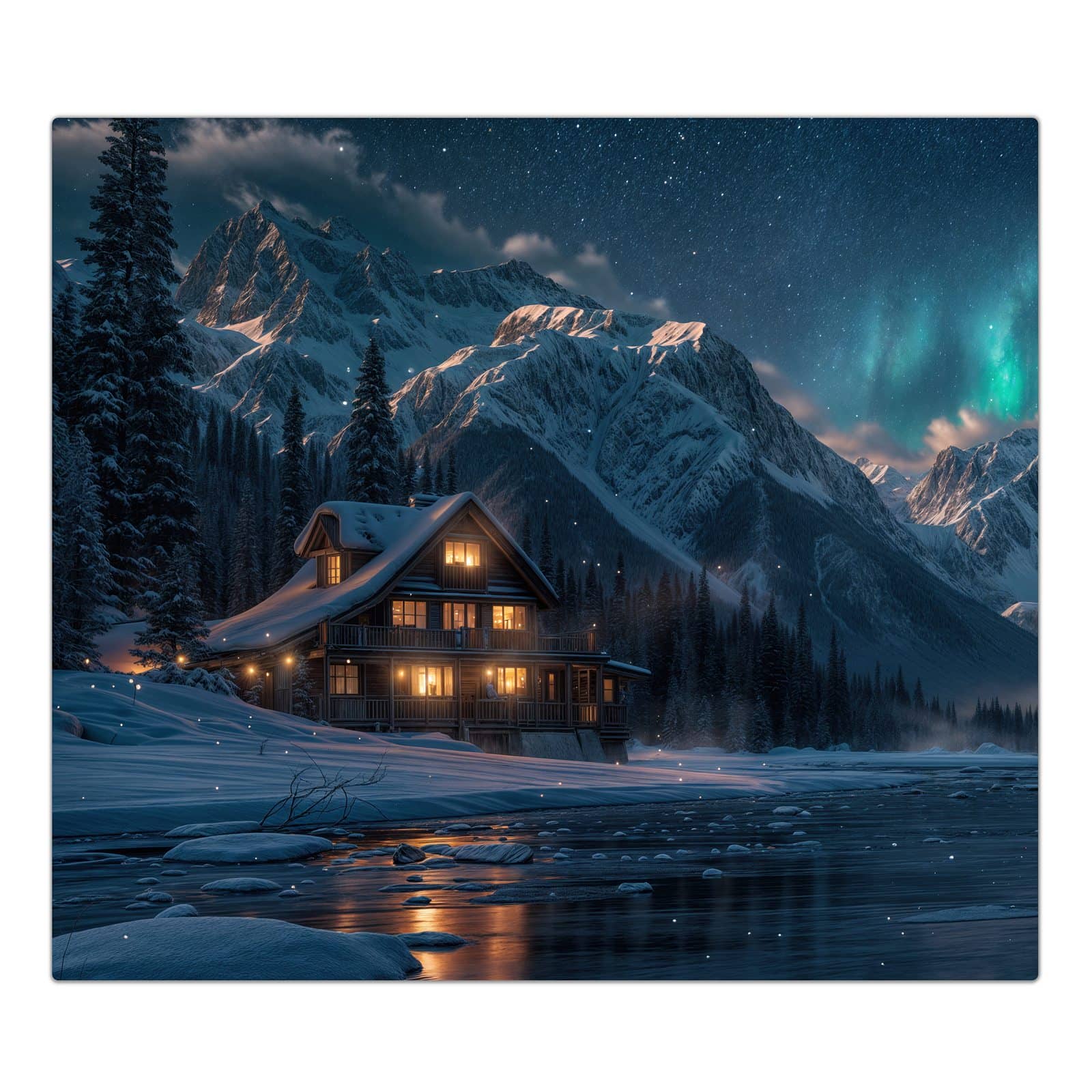 1-teilige Glasabdeckplatte für Ceranfeld mit Berghütte im Winter-Motiv in der Frontansicht #grösse_1-Teilig (60x52cm)