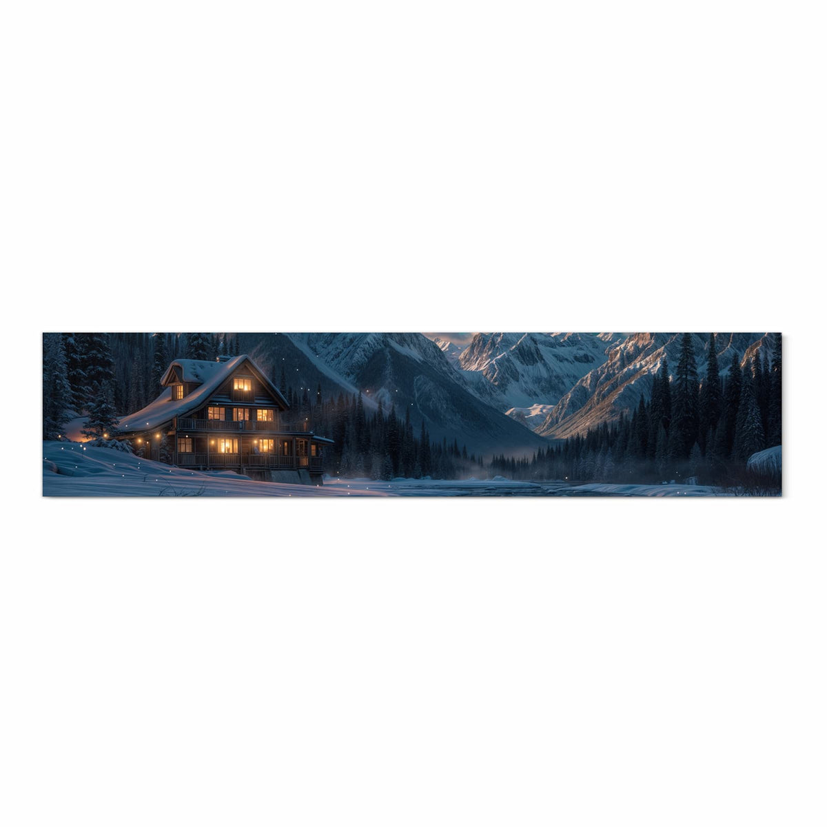 Geräuschdämpfender Küchenteppich mit Motiv Berghütte im Winter in Frontansicht