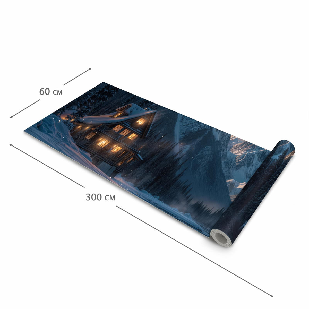 Komfortabler Teppich für Esszimmer mit Motiv Berghütte im Winter in der Größe 90x240 cm