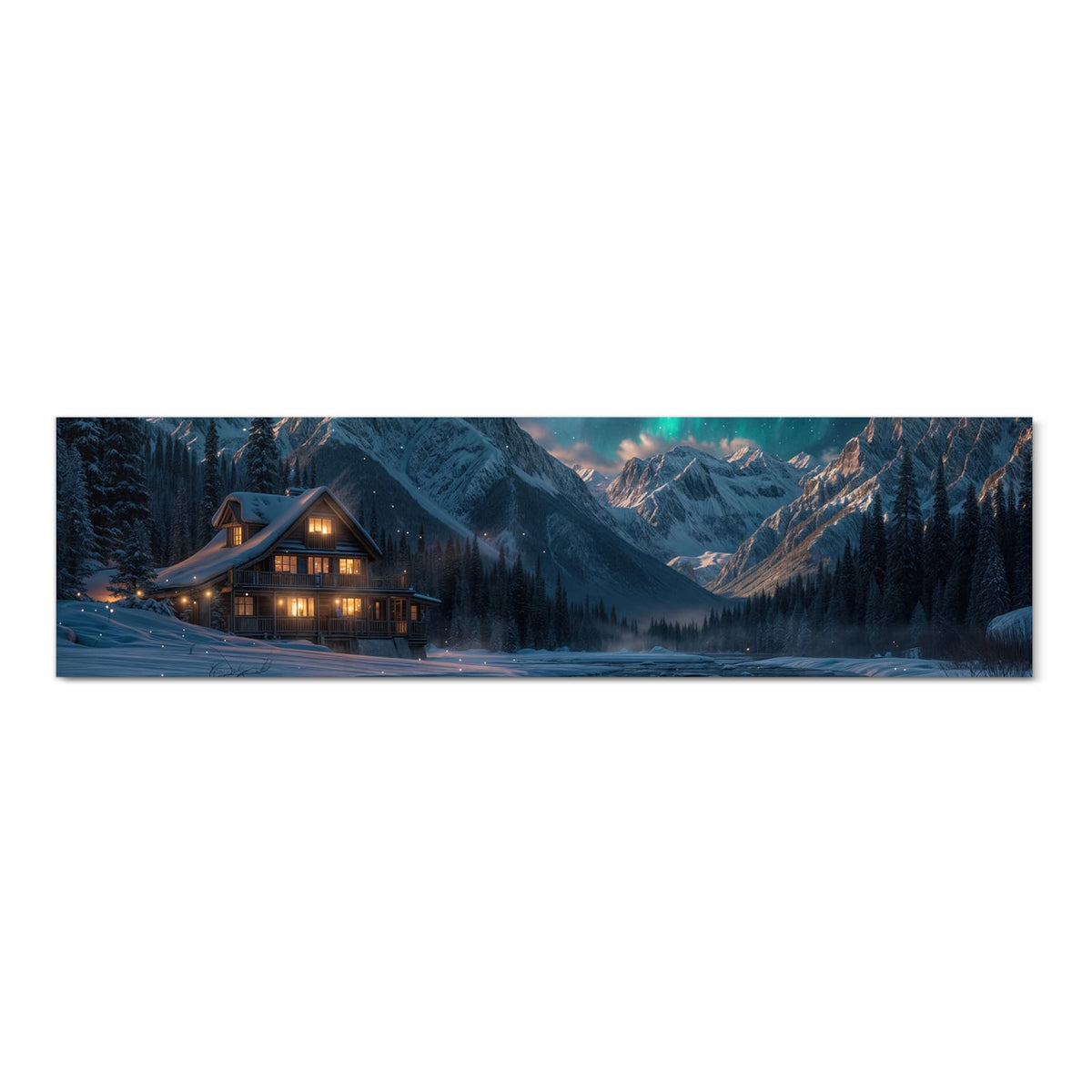 Fleckenresistenter Küchenteppich mit Motiv Berghütte im Winter in Frontansicht für die Küche