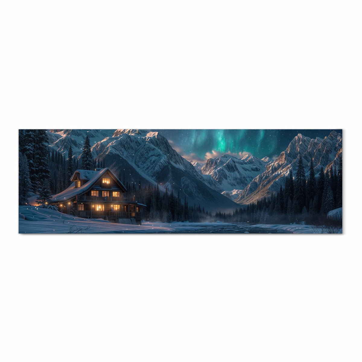 Komfortabler Küchenteppich mit Motiv Berghütte im Winter in Frontansicht für angenehmes Stehen