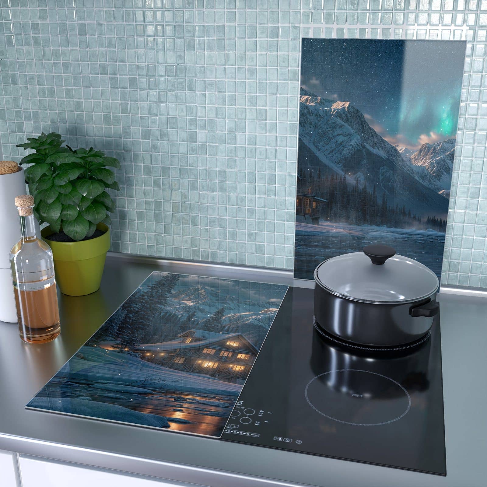 2-teilige Abdeckplatten Ceranfeld mit Berghütte im Winter-Motiv als Spritzschutz hinter dem Kochfeld