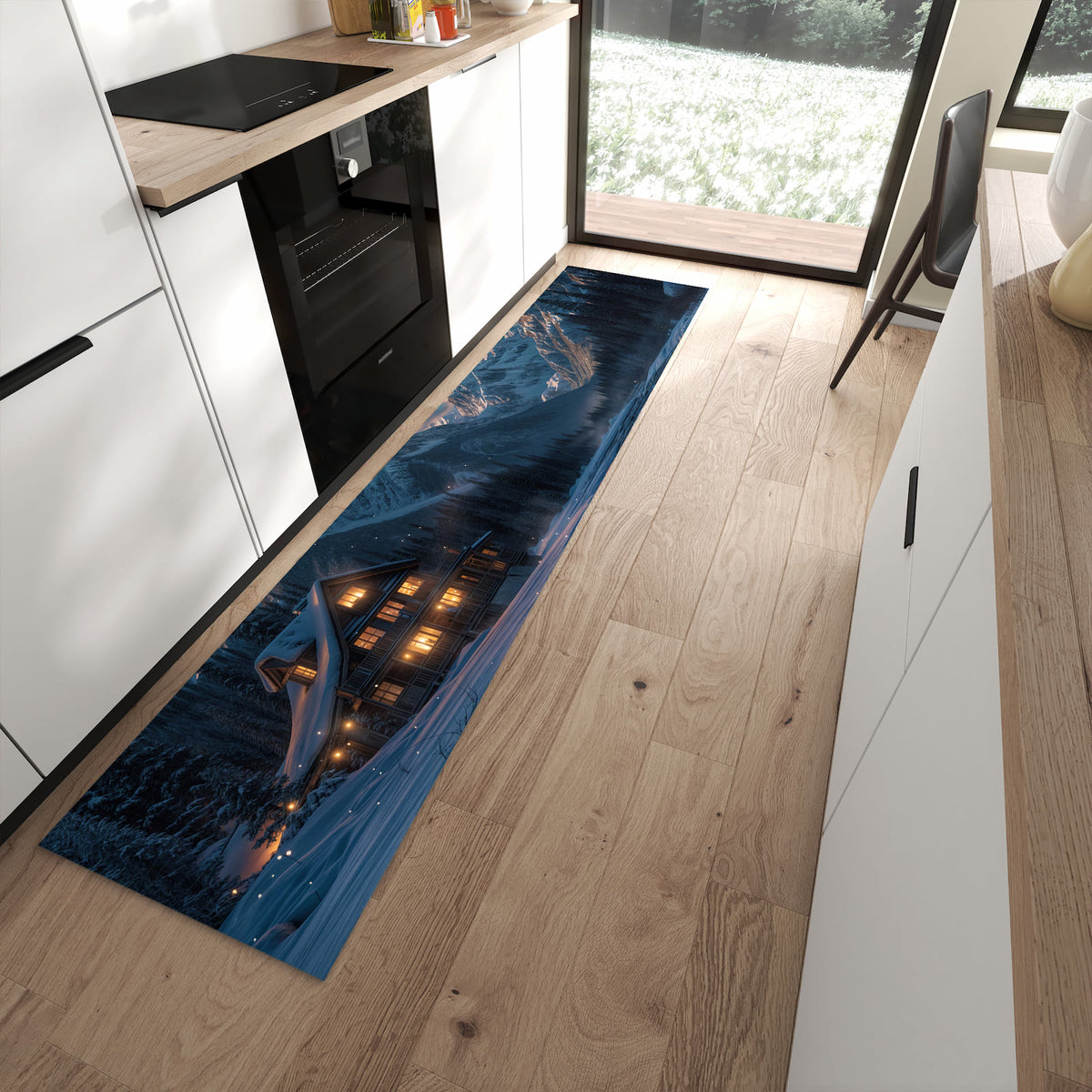 Hygienischer großer Küchenteppich mit Motiv Berghütte im Winter in moderner Küche