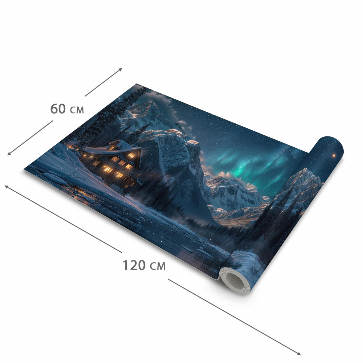Schmutzabweisender Läufer Eingangsbereich mit Motiv Berghütte im Winter in der Grösse 90x240 cm