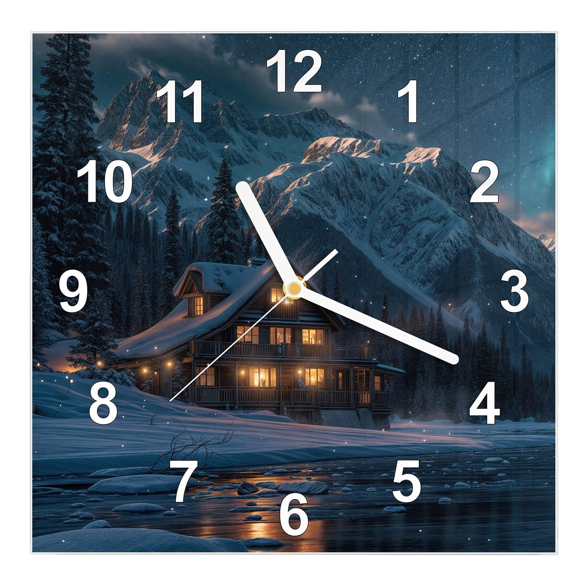 Wanduhr aus Glas, Ziffernblatt Modern mit Motiv Berghütte im Winter: Erleuchtetes Holzhaus im Schnee vor Bergkette und Sternenhimmel #ziffernblatt_Modern