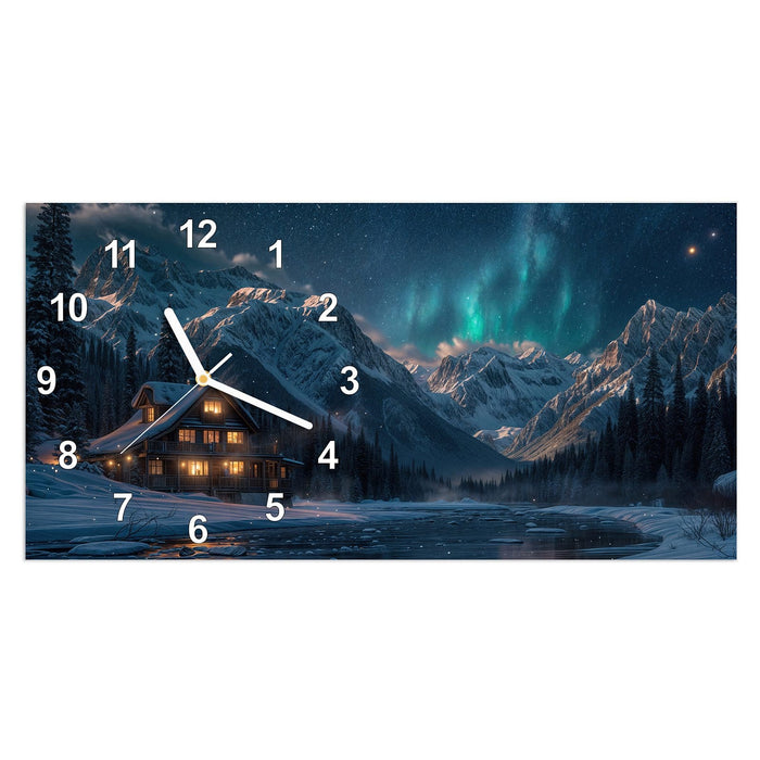 Wanduhr Berghütte im Winter aus Glas – Querformat 60 × 30 cm mit Ziffernblatt Modern