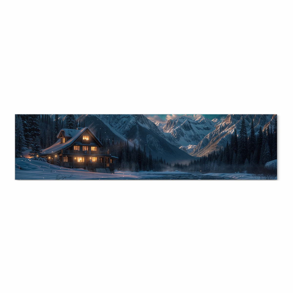Zeitsparender Küchenteppich mit Motiv Berghütte im Winter in Frontansicht