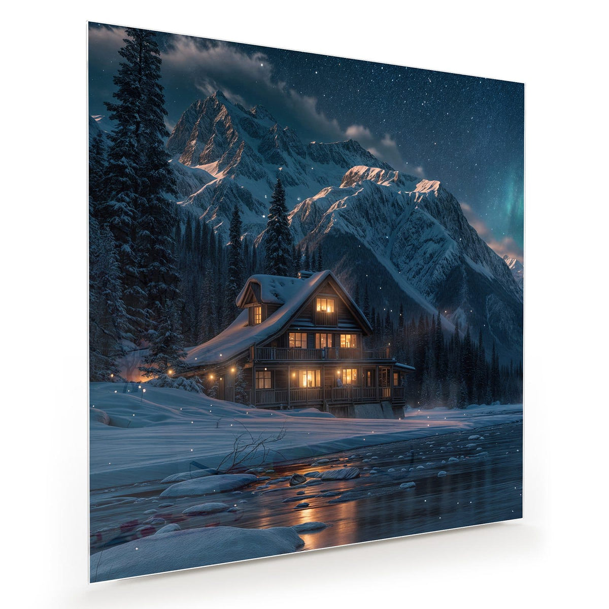 Erleuchtetes Holzhaus im Schnee vor Bergkette und Sternenhimmel