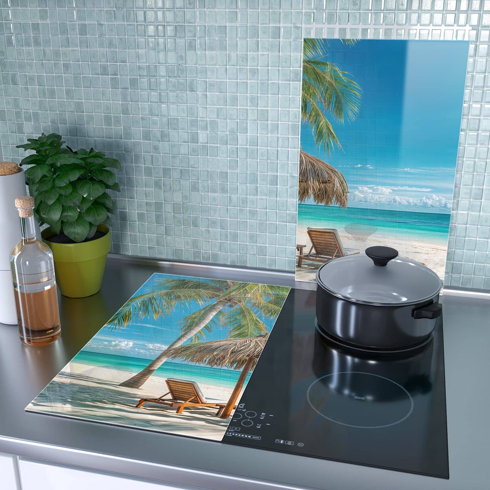 2-teilige Herdabdeckplatte mit Strandparadies-Motiv als Spritzschutz hinter dem Kochfeld