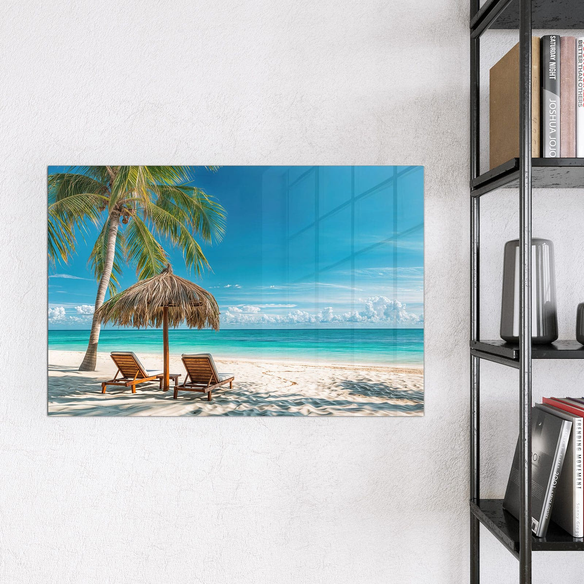 Magnettafel - Liegestühle am Strand – Holzliegen unter Palmwedelschirm