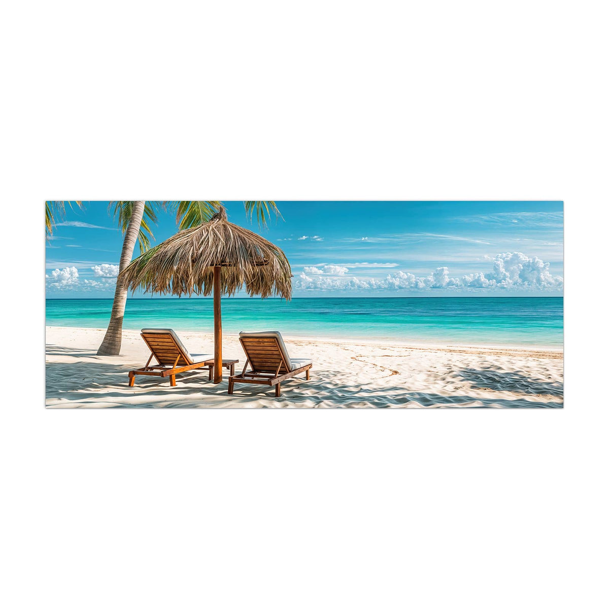 Küchenrückwand aus Glas Liegestühle am Strand im Hochformat, Motiv bildfüllend von vorn