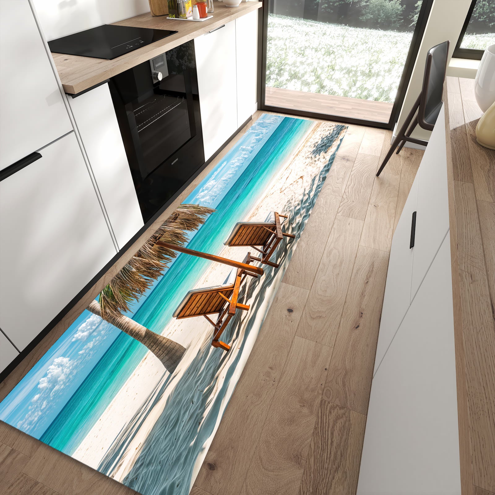 Langlebiger Küchenteppich mit Motiv Strandparadies in moderner Küche