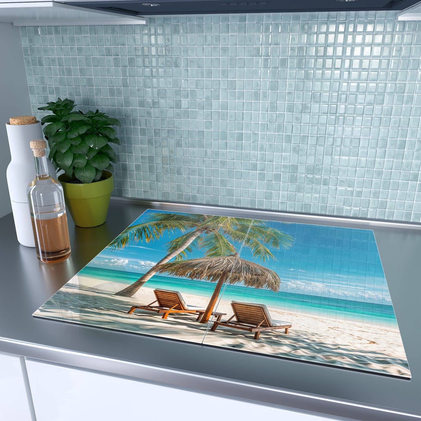 2-teilige Herdabdeckplatten aus Glas mit Strandparadies-Motiv auf dem Ceranfeld