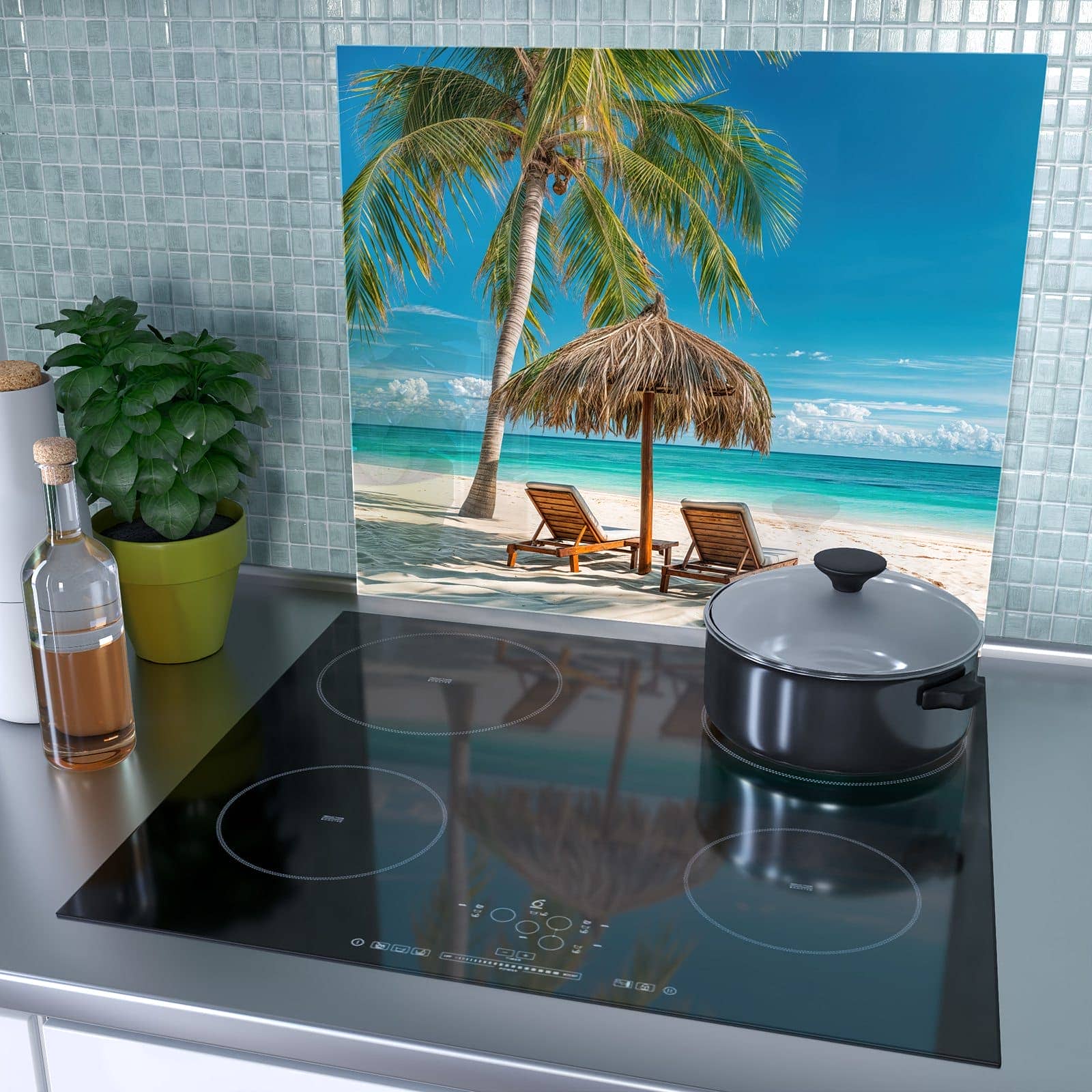 1-teilige Herdabdeckung für Induktionsfeld mit Strandparadies-Motiv als Spritzschutz hinter dem Kochfeld