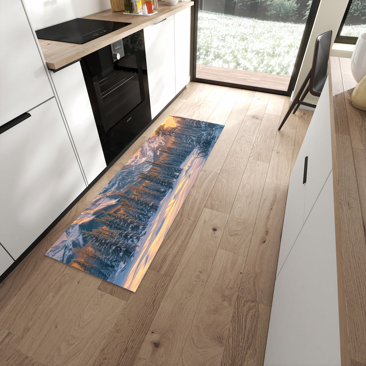 Hygienischer Läufer für die Küche mit Motiv Berglandschaft Winter in moderner Küche