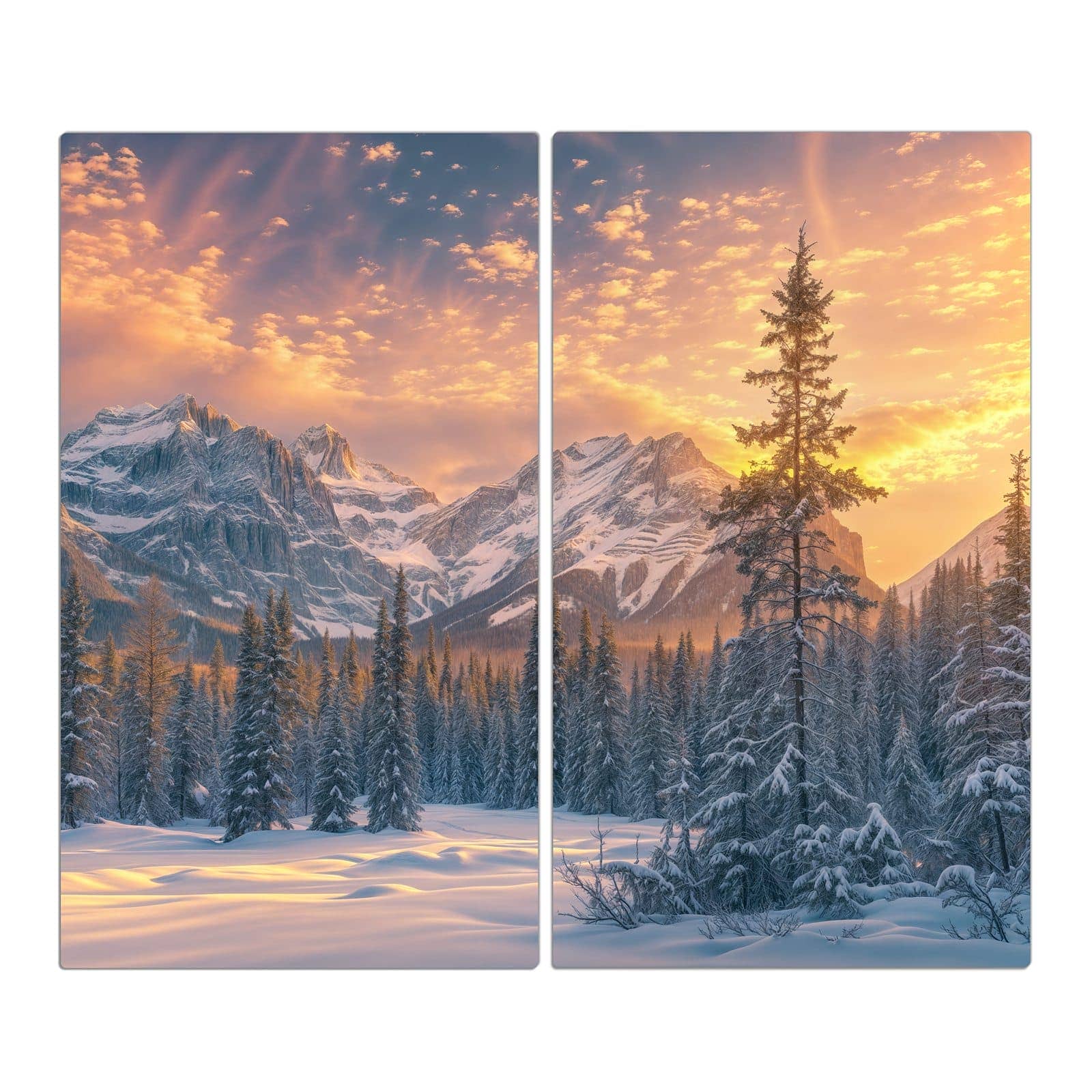 2-teilige Herdabdeckung aus Glas mit Berglandschaft Winter-Motiv in der Frontansicht #grösse_2-Teilig (60x52cm)