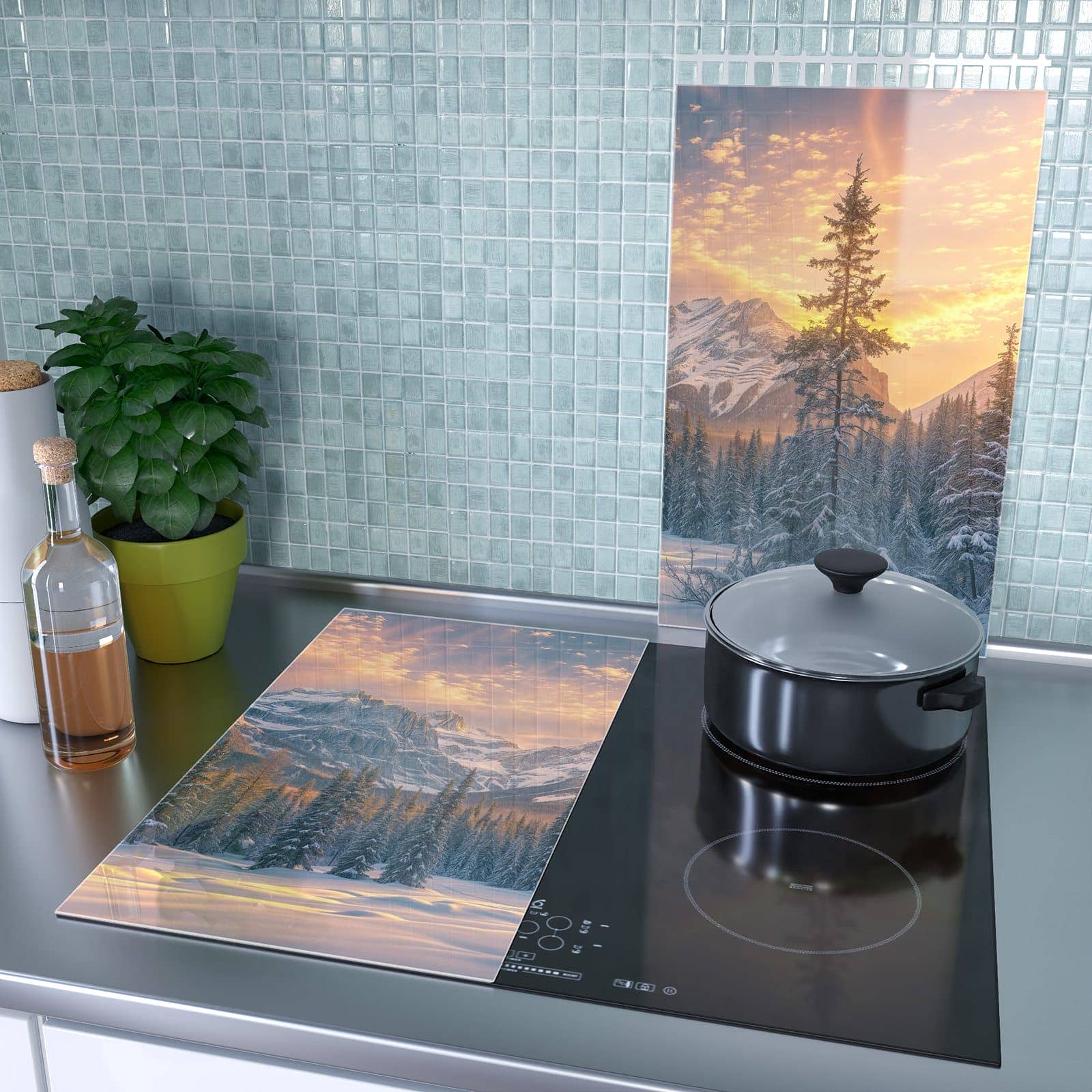 2-teilige Herdabdeckplatte mit Berglandschaft Winter-Motiv als Spritzschutz hinter dem Kochfeld