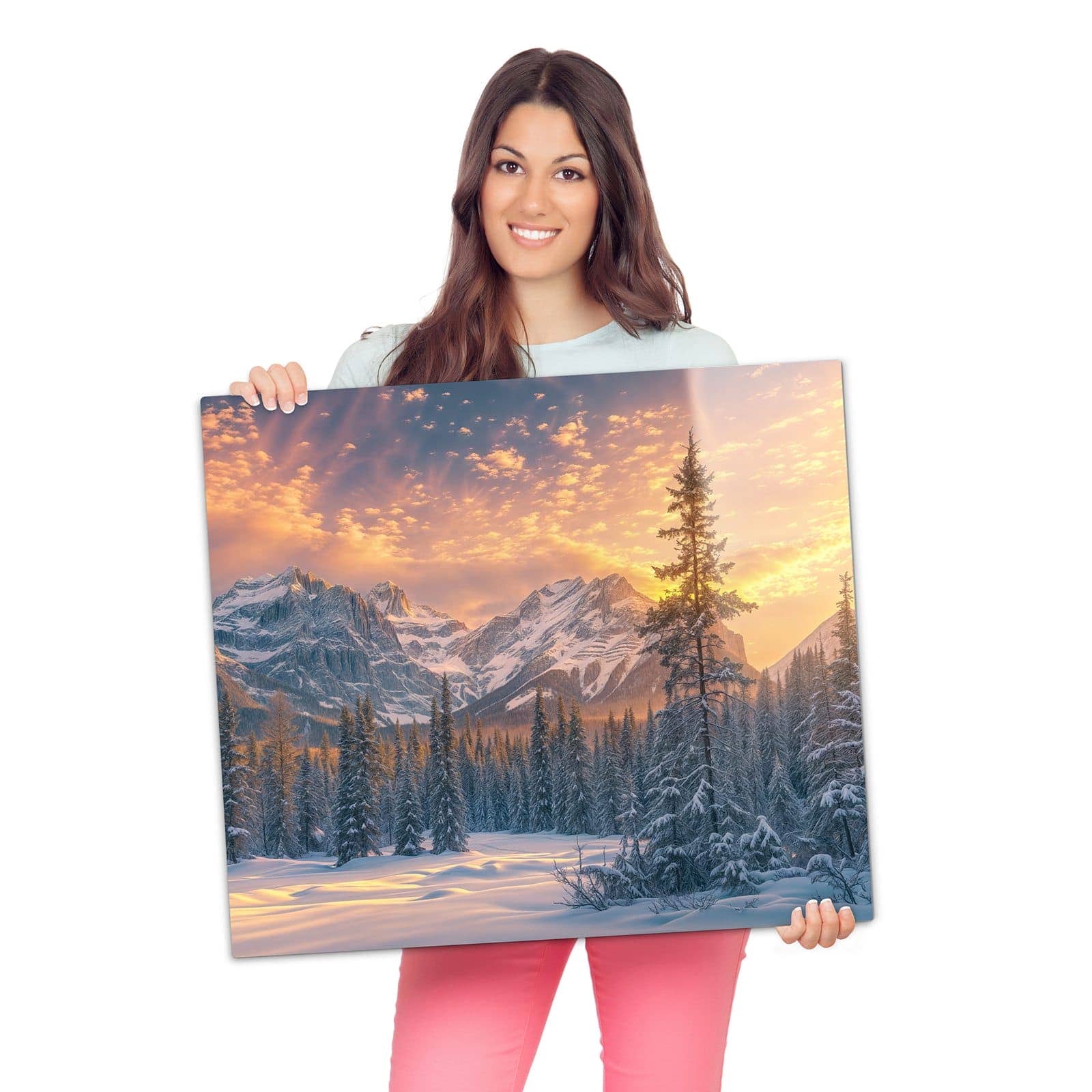 Abdeckplatte für Ceranfeld mit Berglandschaft Winter-Motiv wird zur Größendarstellung gehalten