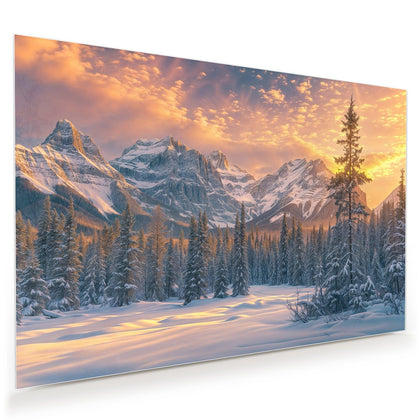 Wandbild mit dem Motiv Winterwald vor Bergen