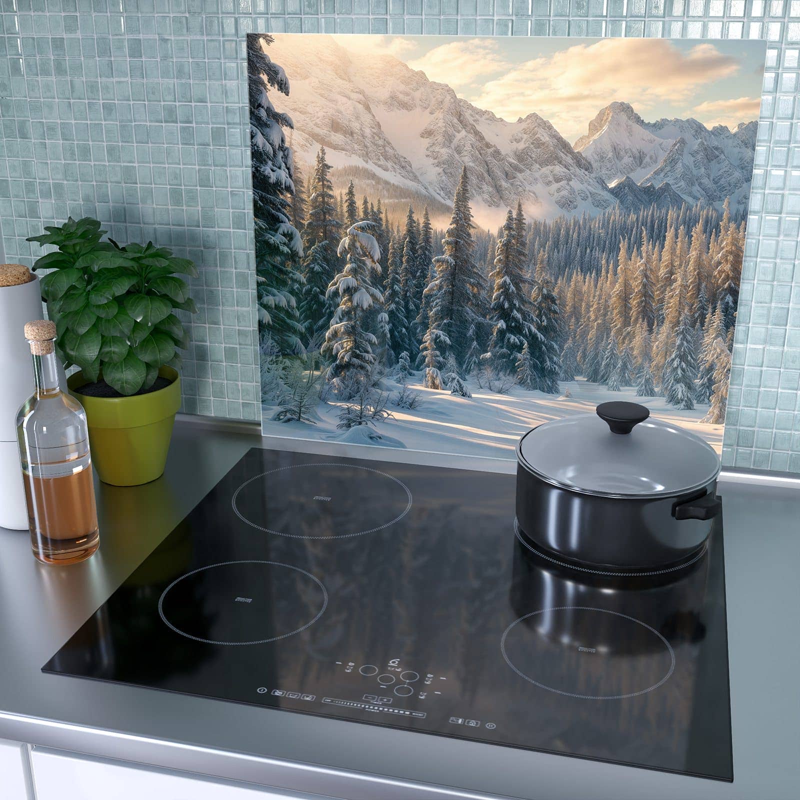 1-teilige Herdabdeckplatte mit Winterlandschaft-Motiv als Spritzschutz hinter dem Kochfeld