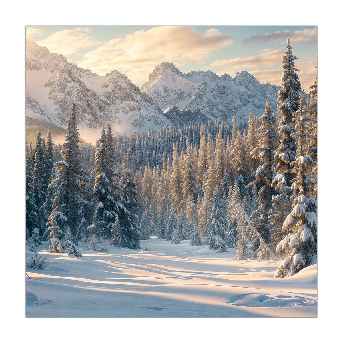 Küchenrückwand aus Glas Verschneiter Tannenwald im quadratischen Format, Motiv bildfüllend von vorn #grösse_40 x 40 cm #grösse_50 x 50 cm #grösse_60 x 60 cm