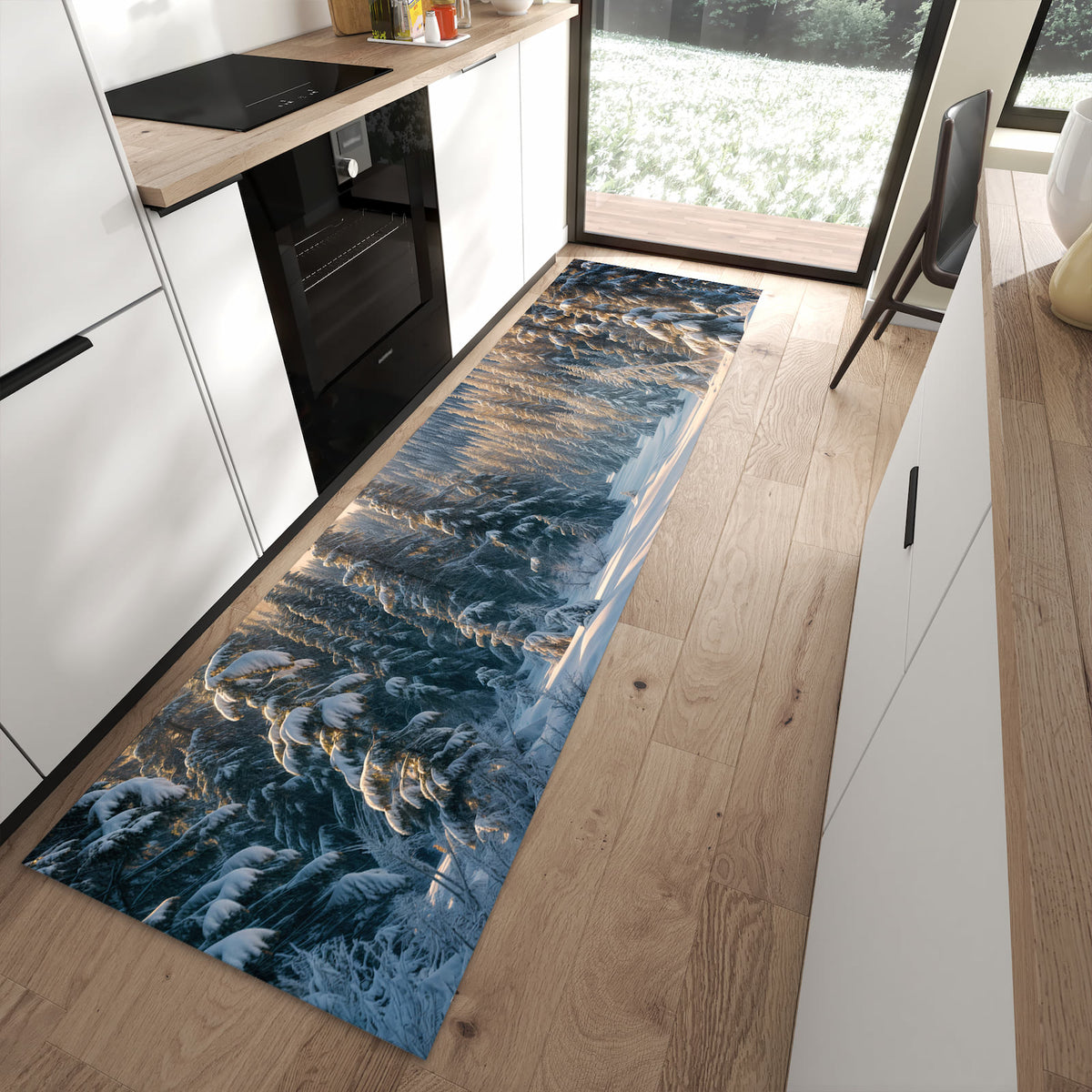 Flacher Küchenteppich mit Motiv Winterlandschaft in moderner Küche