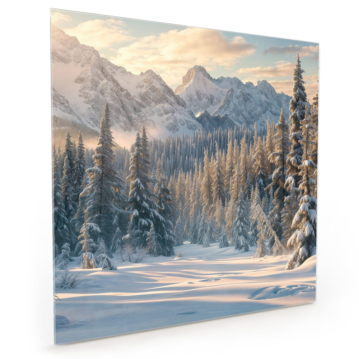 Küchenrückwand aus Glas im quadratischen Format: Verschneiter Tannenwald vor Bergkette im warmen Morgenlicht #grösse_40 x 40 cm #grösse_50 x 50 cm #grösse_60 x 60 cm