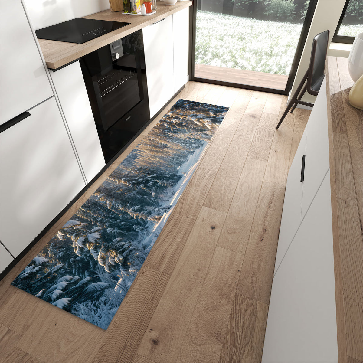 Komfortabler Küchenläufer mit Motiv Winterlandschaft in moderner Küche