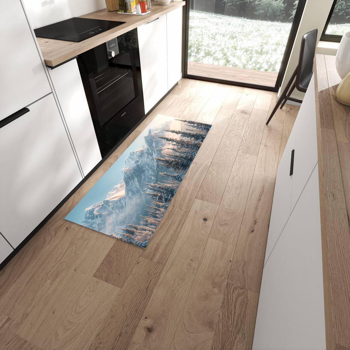 Strapazierfähiger waschbarer Küchenteppich mit Motiv Schneebedeckte Berge in moderner Küche #grösse_60 x 150 cm