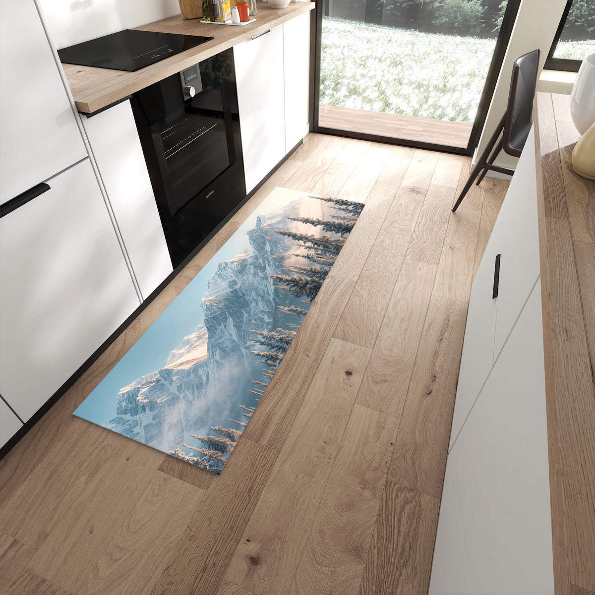 Waschbarer großer Küchenteppich mit Motiv Schneebedeckte Berge in moderner Küche