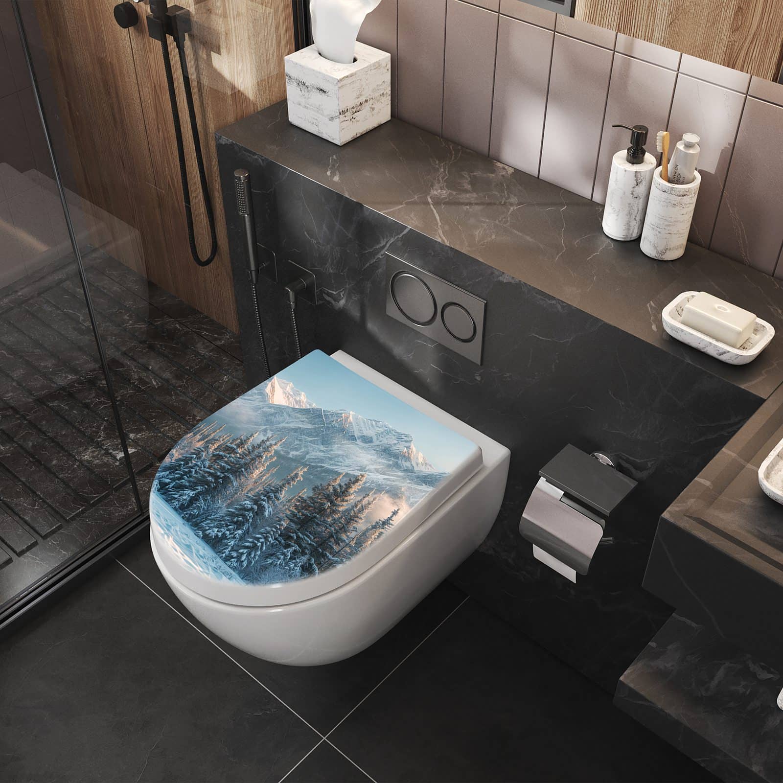 WC-Sitz mit Absenkautomatik Schneebedeckte Berge
