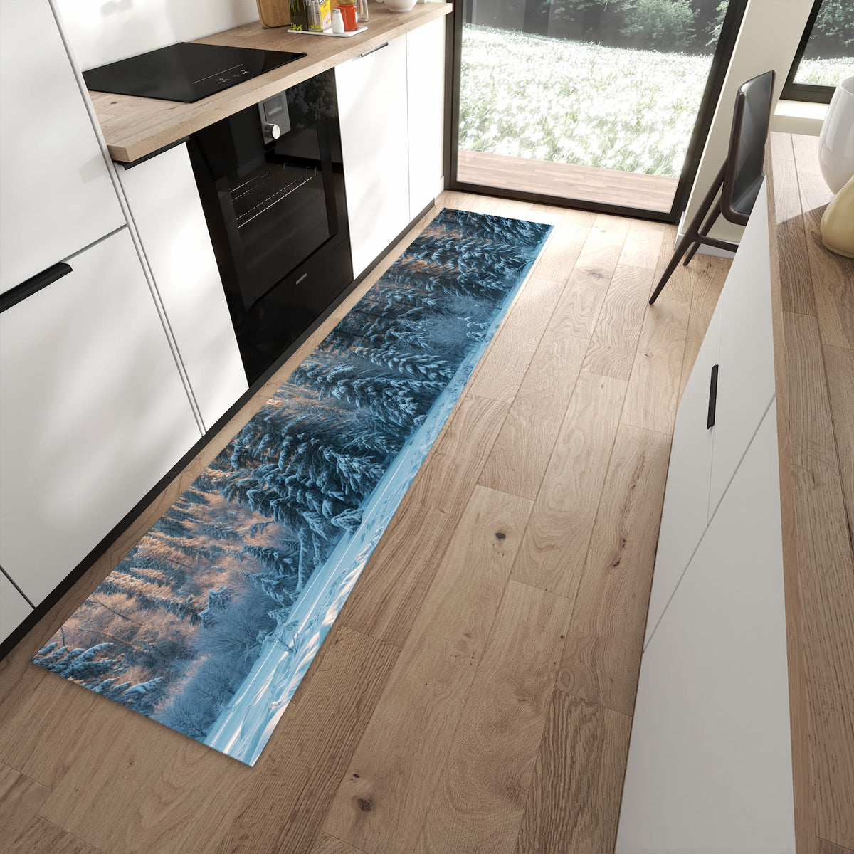 Rutschfester Küchenteppich mit Motiv Schneebedeckte Berge in moderner Küche