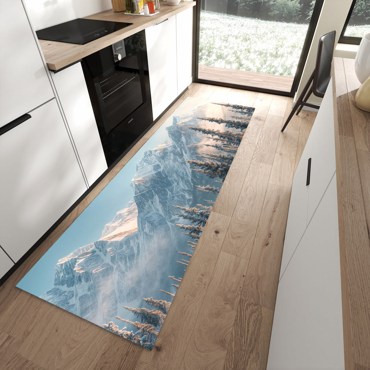 Bodenschonender Küchenläufer mit Motiv Schneebedeckte Berge in moderner Küche