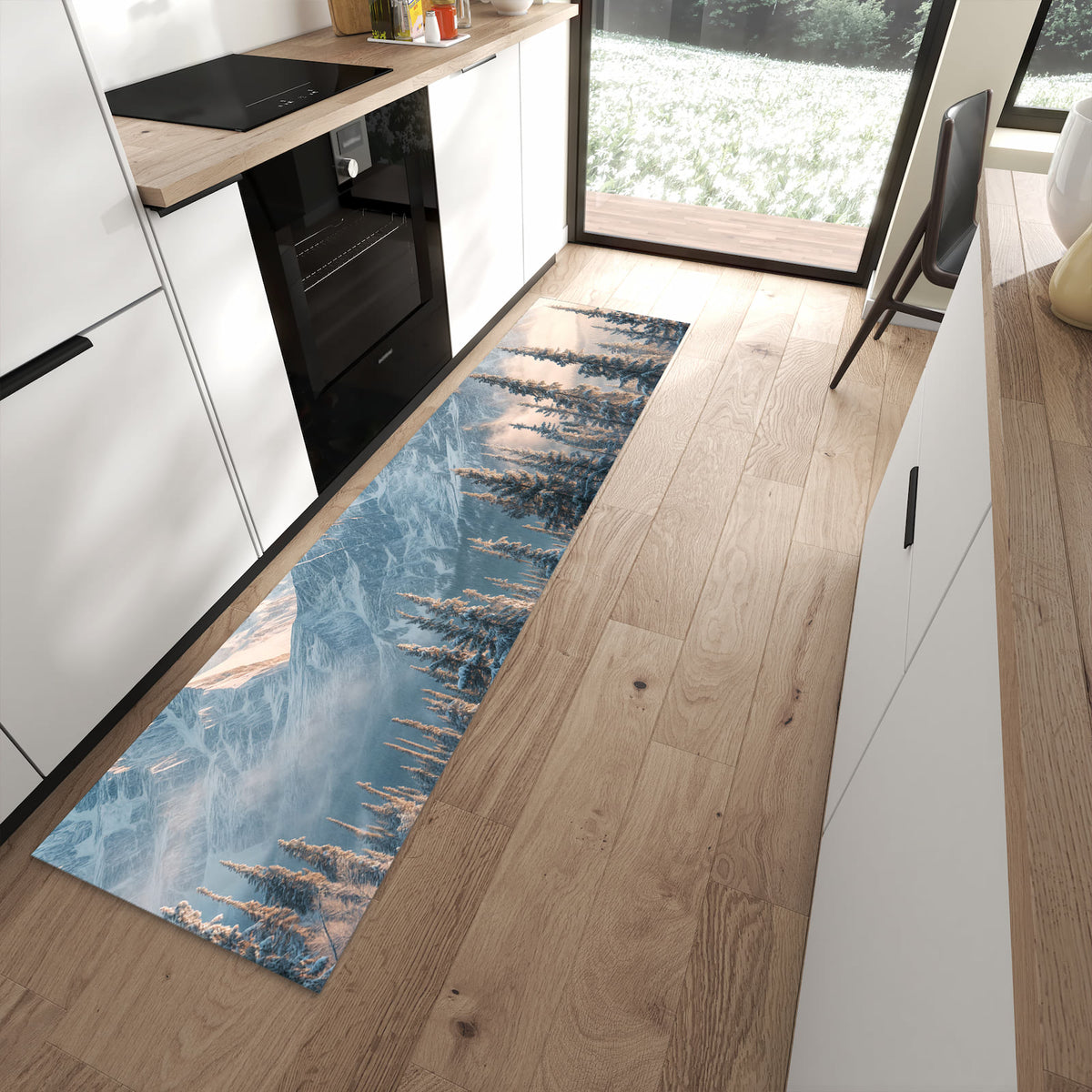 Langlebiger rutschfester Küchenteppich mit Motiv Schneebedeckte Berge in moderner Küche