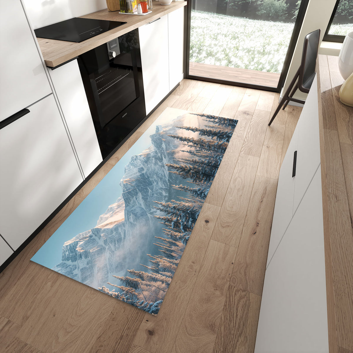 Waschbarer Küchenläufer mit Motiv Schneebedeckte Berge für Ordnung in moderner Küche