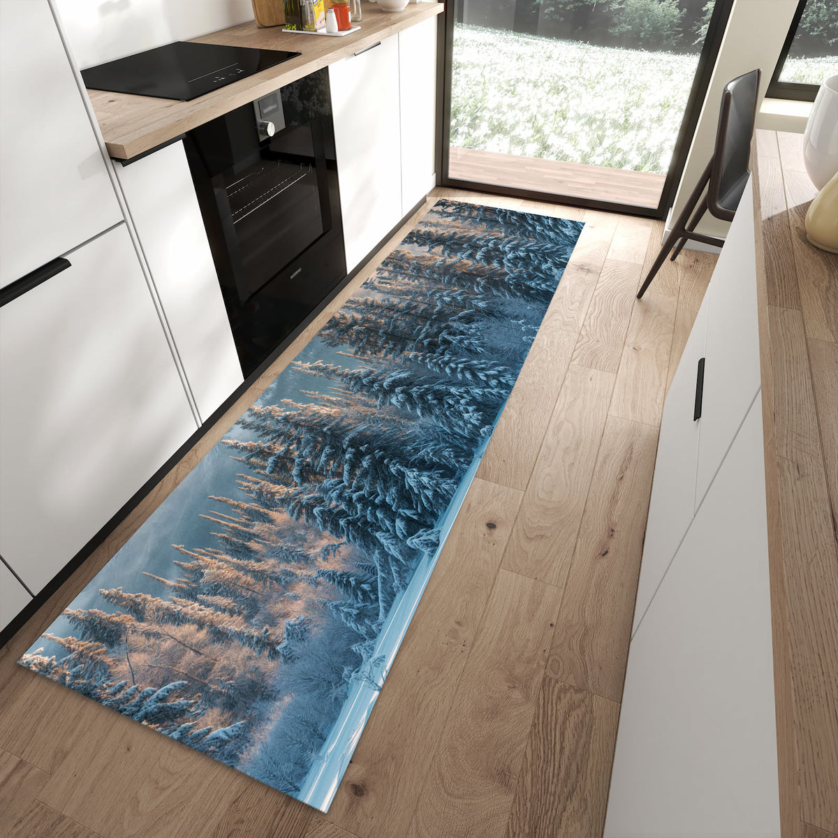 Farbbeständiger rutschfester Küchenläufer mit Motiv Schneebedeckte Berge in moderner Küche