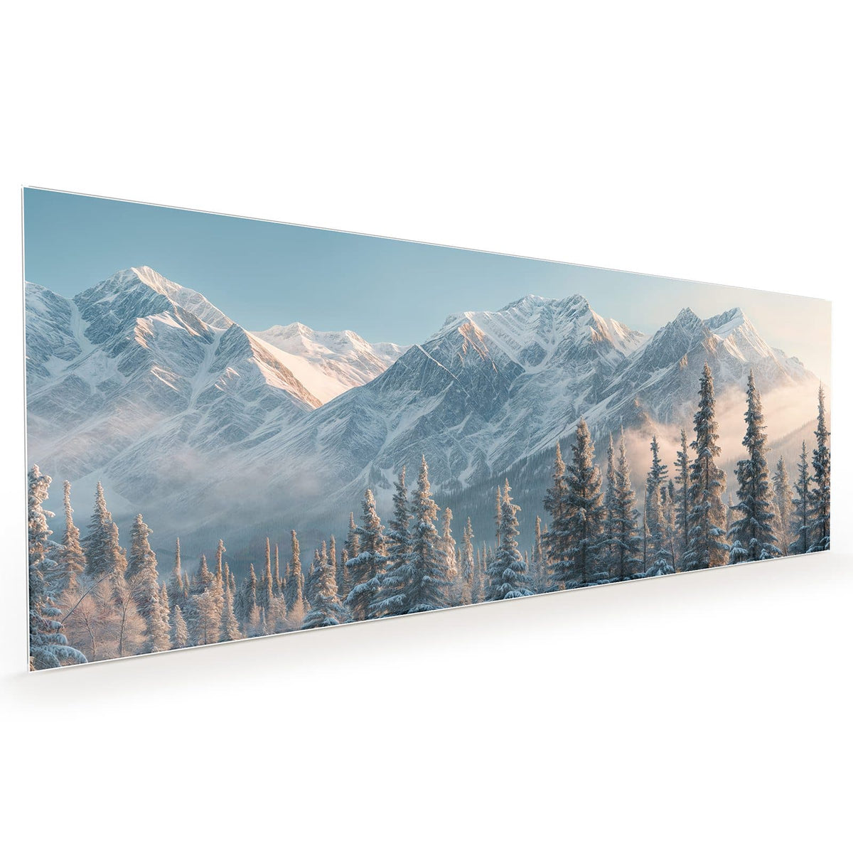 Küchenrückwand aus Glas im Hochformat mit Motiv Schneebedeckte Berge: Verschneite Tannen vor einer sonnenbeschienenen Gebirgskette #grösse_40 x 100 cm #grösse_50 x 125 cm #grösse_60 x 150 cm
