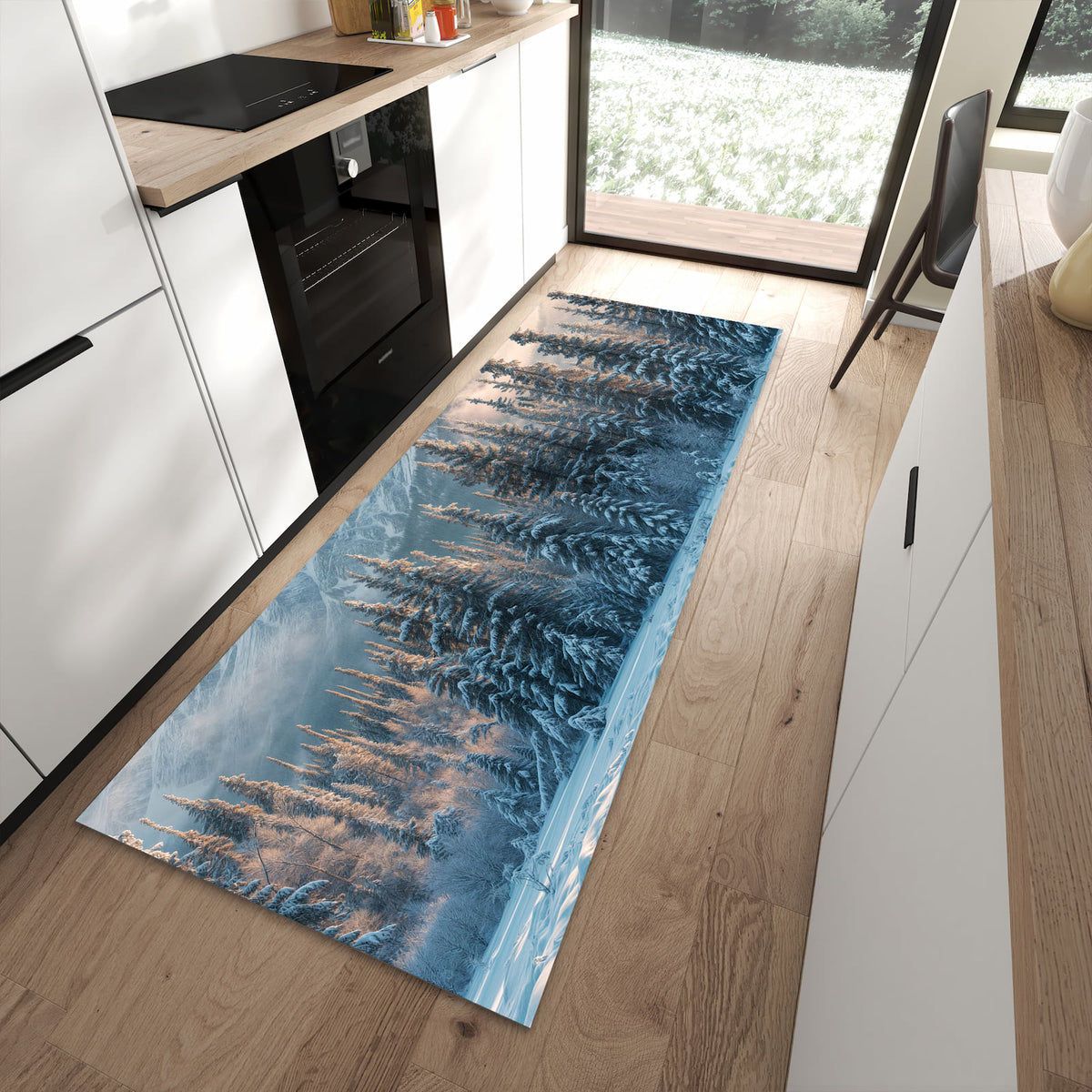 Zeitsparender rutschfester Küchenläufer mit Motiv Schneebedeckte Berge in moderner Küche